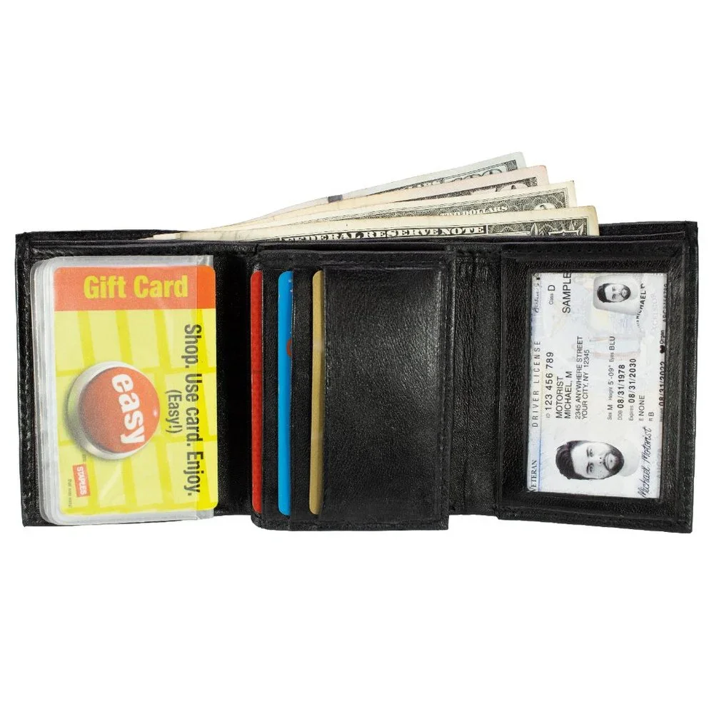 Men Wallet in Lambskin Leather Thin Trifold Black Classic Wallet